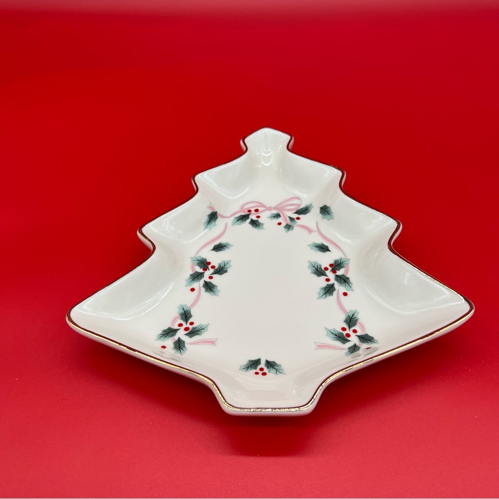 Mikasa Ribbon Holly Christmas Tree Candy Dish - Picture 3 of 5